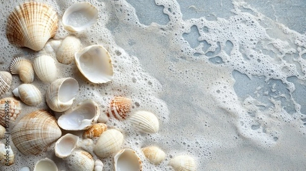 Fototapeta flat lay of ocean spray and shells on Hawaiian beach, blue-gray waves and cream-colored sand