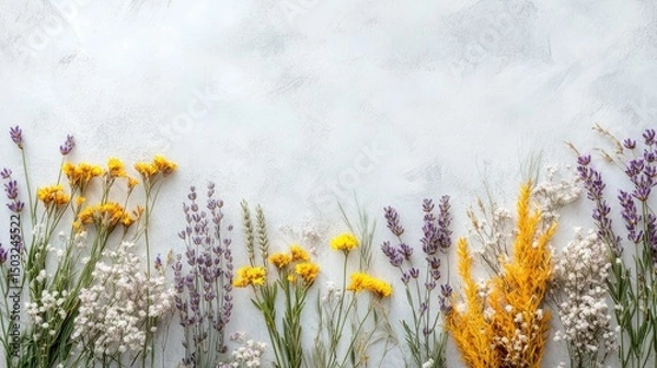 Fototapeta flat lay of prairie flowers and grasses in Great Plains, wild yellows, lavenders