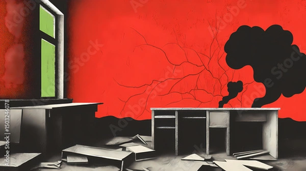 Obraz Destruction and chaos in an abandoned classroom urban environment surreal photography dramatic viewpoint. object echo. Illustration