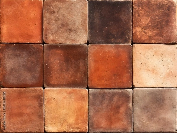 Fototapeta Tiled Texture Harmony: A close-up shot of a meticulously arranged collection of terracotta tiles, each showcasing unique variations in color and texture. The image evokes a sense of warmth.