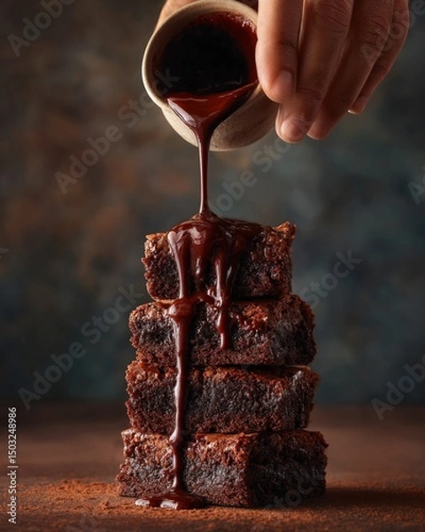 Fototapeta Hyperreal Food Photography of hands pouring rich chocolate sauce over stacked brownies, warm tones with macro detail of melting layers