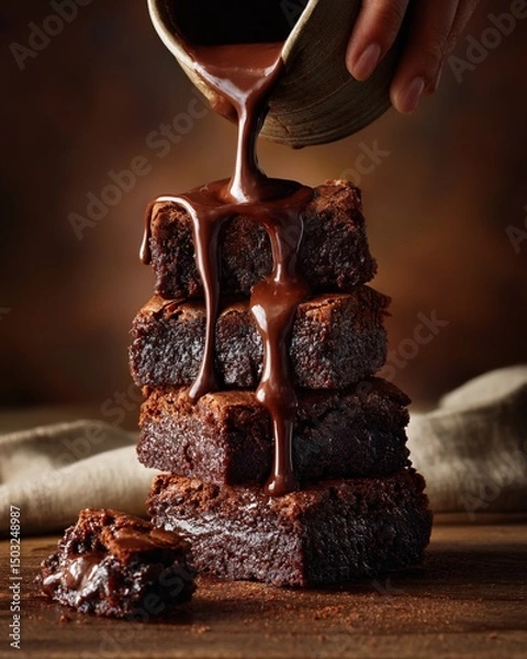 Fototapeta Hyperreal Food Photography of hands pouring rich chocolate sauce over stacked brownies, warm tones with macro detail of melting layers