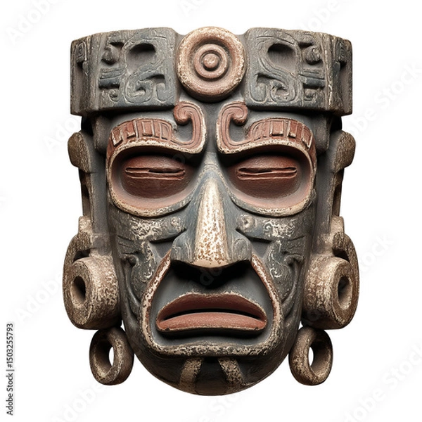 Fototapeta A detailed Mayan mask, showcasing intricate design and historical significance. The mask has a worn texture and carved details, the face with closed eyes, a prominent nose and open mouth