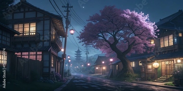 Obraz Japanese Town at Twilight with Cherry Blossoms,Architecture, Sakura