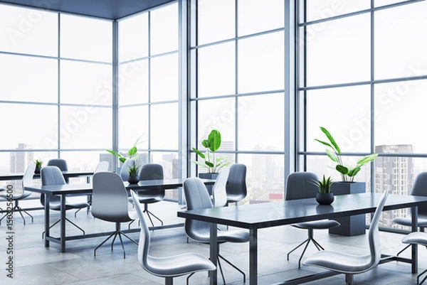 Fototapeta Modern empty corporate office interior with clean design, large windows, and light-filled contemporary workspace overlooking city skyline. 3D Rendering