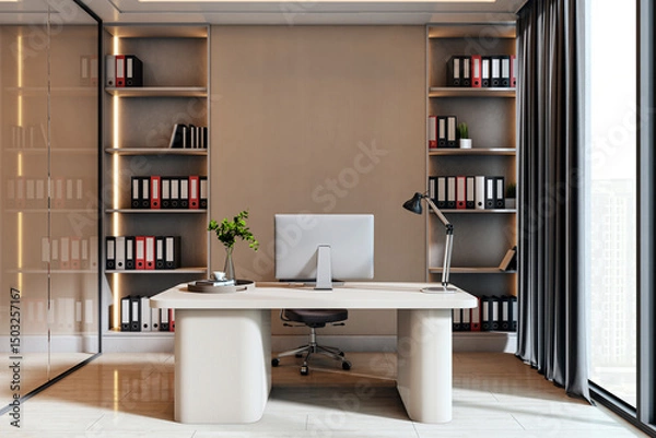 Fototapeta Modern executive office interior with sleek desk, shelving, and clean corporate design in contemporary building with large window and city view. 3D Rendering