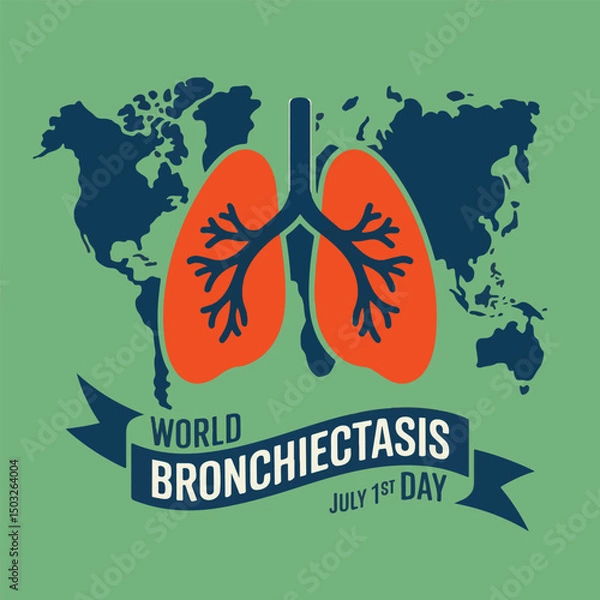 Fototapeta World bronchiectasis day illustration featuring lungs globe and ribbon banner design