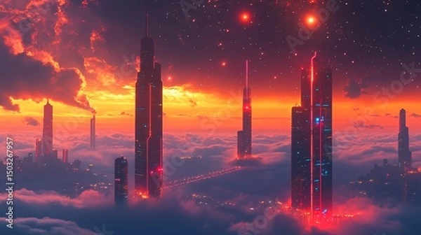 Fototapeta Futuristic Cityscape Above Clouds at Sunset