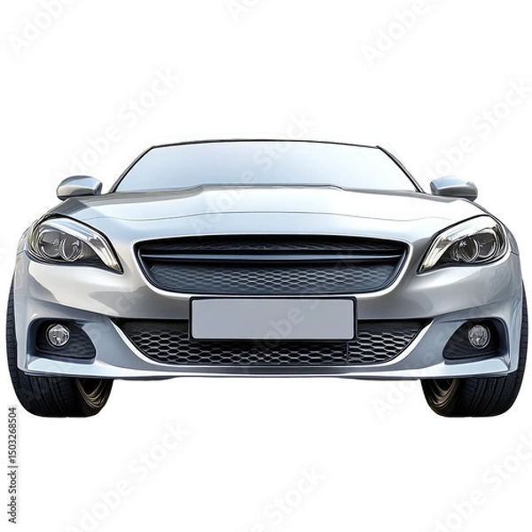 Fototapeta Frontal view of a silver car with a black grill and tires on a black background in a studio setting