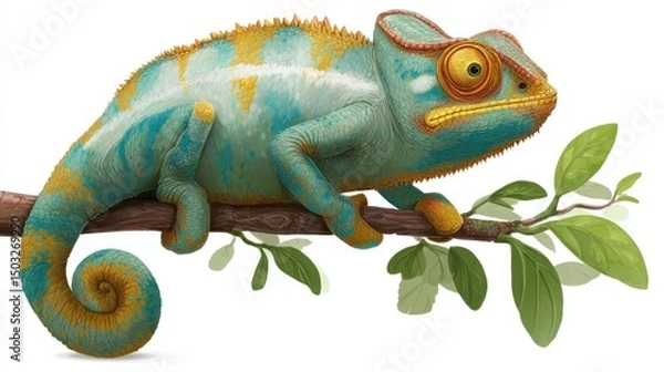 Fototapeta Vibrant chameleon perched on a branch, displaying its colorful skin