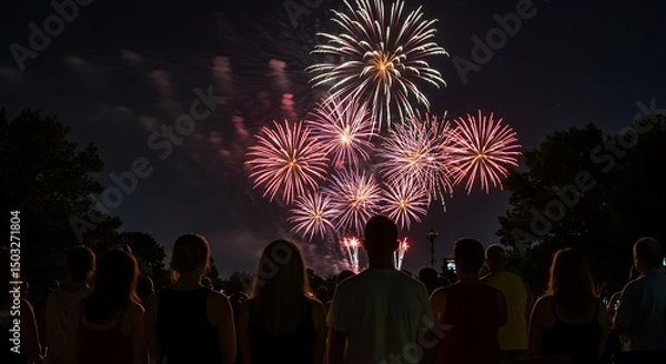 Fototapeta A compelling scene showing the backs of a diverse group of people (family or friends) as they stand or sit together, looking up in awe at a grand and spectacular 4th of July fireworks display illumina