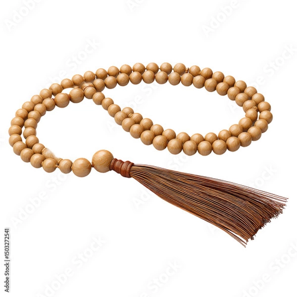 Fototapeta A string of wooden beads with a tassel, perfect for meditation and spiritual practices. The beads are arranged in a circular pattern, representing the cycle of life and the pursuit of inner peace