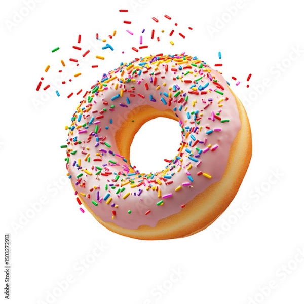 Fototapeta A close up of a donut with pink frosting and colorful sprinkles on a black background with sprinkles flying off