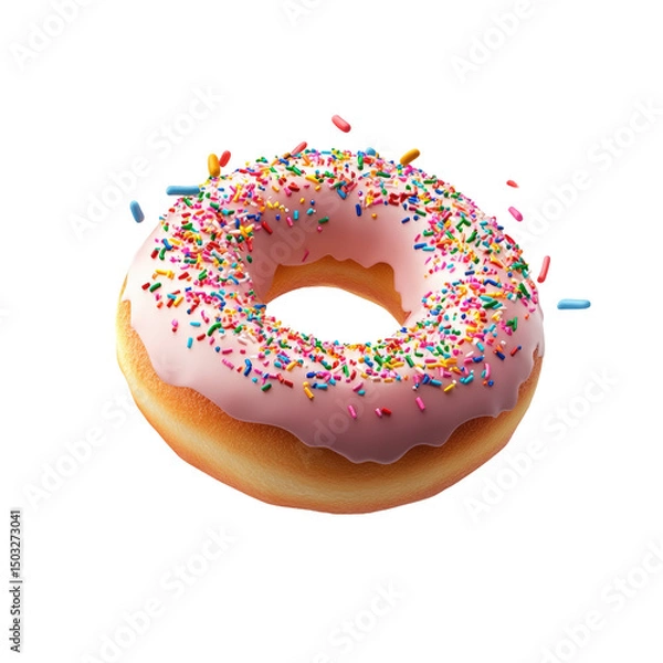 Fototapeta A single donut with pink frosting and colorful sprinkles on a black background in a studio shot