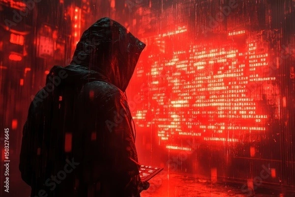Fototapeta Person with a glowing hooded outfit stares at a vibrant digital display in an urban setting at night, creating a thought-provoking and futuristic atmosphere