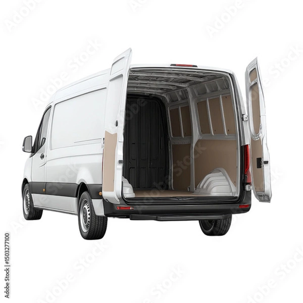 Fototapeta A cargo van with open doors, ready for loading and delivery. This image depicts a commercial van with its doors open.