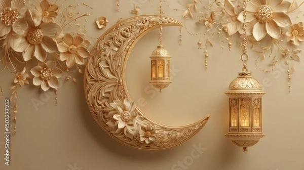 Fototapeta Elegant cream-colored crescent moon and lanterns adorned with intricate floral decorations