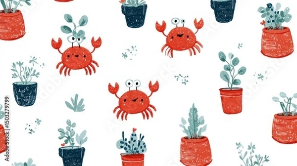 Fototapeta Cute crabs and plants in pots, a whimsical pattern