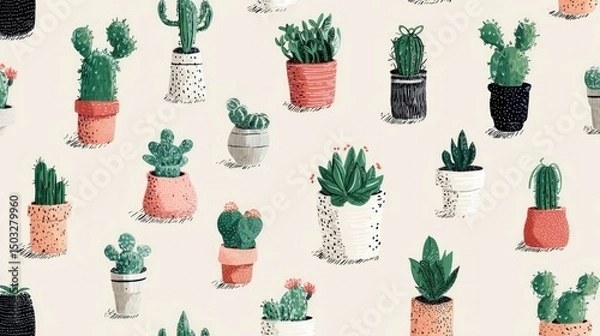 Fototapeta Succulents and cacti in various pots, a repeating pattern