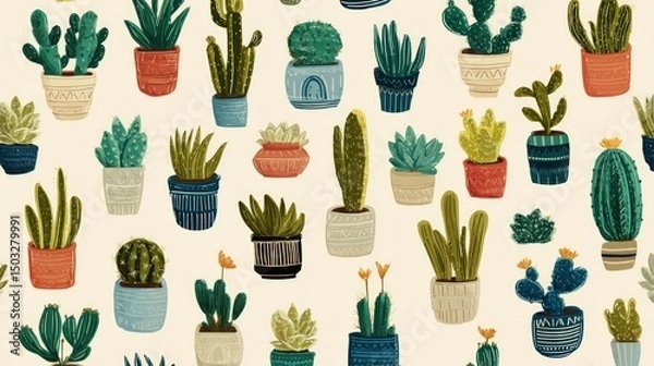 Fototapeta Potted succulents and cacti pattern (1)