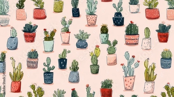 Fototapeta Cute cactus pattern in various pots (1)