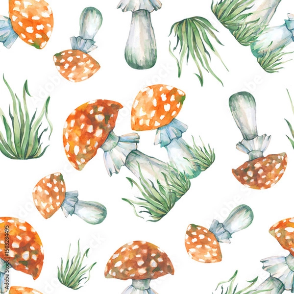 Fototapeta Seamless pattern with fly agaric and grass on a white background. Watercolor illustration with poisonous red mushrooms and green grass. Seamless background for a fabulous or childish design.
