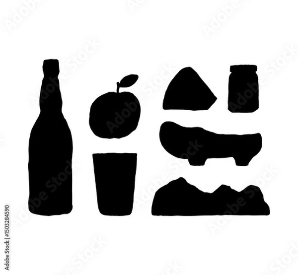 Fototapeta  Minimalist set of traditional symbols from Northern Spain region Asturias. Hand-drawn silhouettes of cider bottle, apple, cheese, wooden clogs. Clean and simple elements 