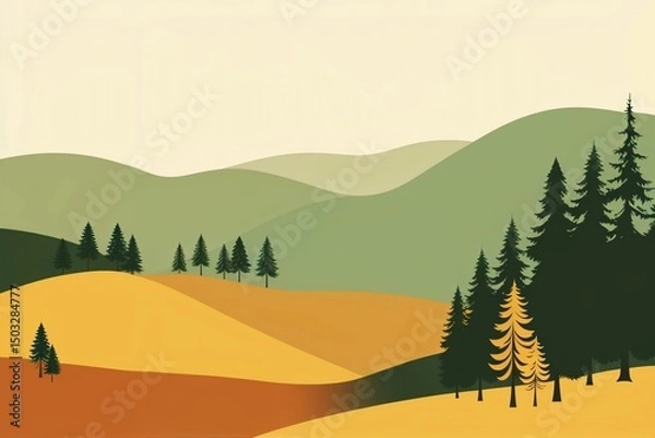 Fototapeta A landscape illustration with rolling hills and pine trees