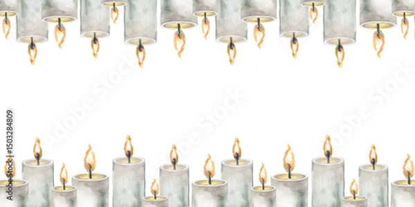 Fototapeta Horizontal frame with burning candles on a white background. Watercolor illustration with gray candles. Empty space for insertion. Suitable for Halloween or other holiday. Mysticism.