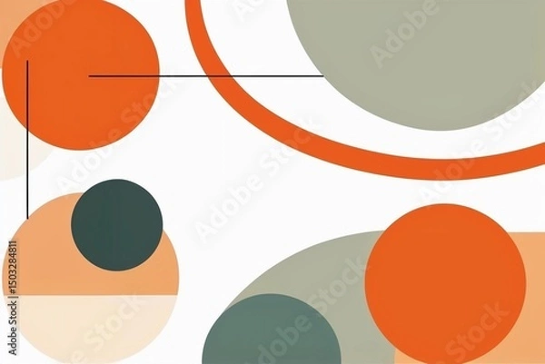 Fototapeta Abstract composition with overlapping circles and arcs in warm and earthy tones, intersected by fine black lines.