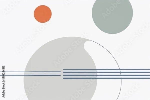 Fototapeta Minimalist geometric abstract artwork with circles in gray, greenish-gray, and orange and blue lines on a white background