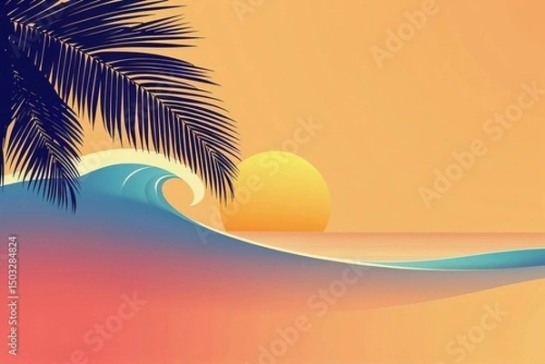 Fototapeta Tropical sunset over the ocean with a curling wave and palm leaves in silhouette.