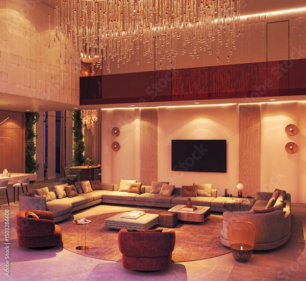 Fototapeta Elegant double height living room with chandelier and curved sofa