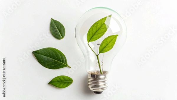 Fototapeta Glowing lightbulb with a green leaf inside it, floating on a clean white background, symbolizing eco-friendly energy and sustainable solutions