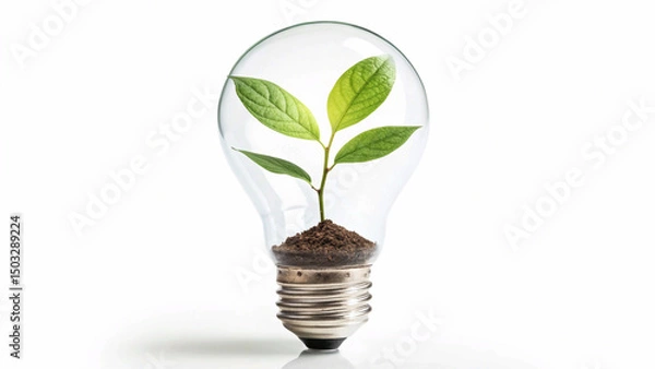 Fototapeta Glowing lightbulb with a green leaf inside it, floating on a clean white background, symbolizing eco-friendly energy and sustainable solutions