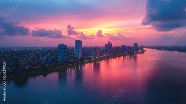 Fototapeta Aerial view of Abidjan, Cote d’Ivoire, featuring a modern skyline with skyscrapers, a waterfront lagoon, and a vibrant sunset reflecting on the cityscape