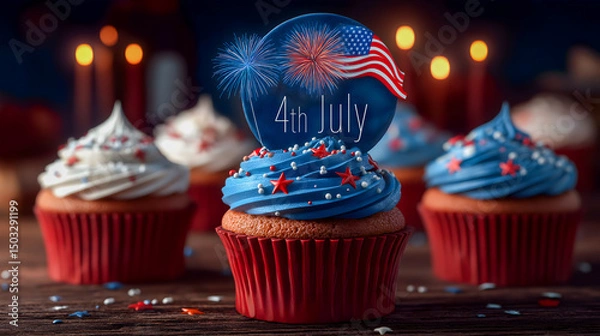 Obraz Generated image  American flag on top cupcake topper, blue background with fireworks, for 4th of July