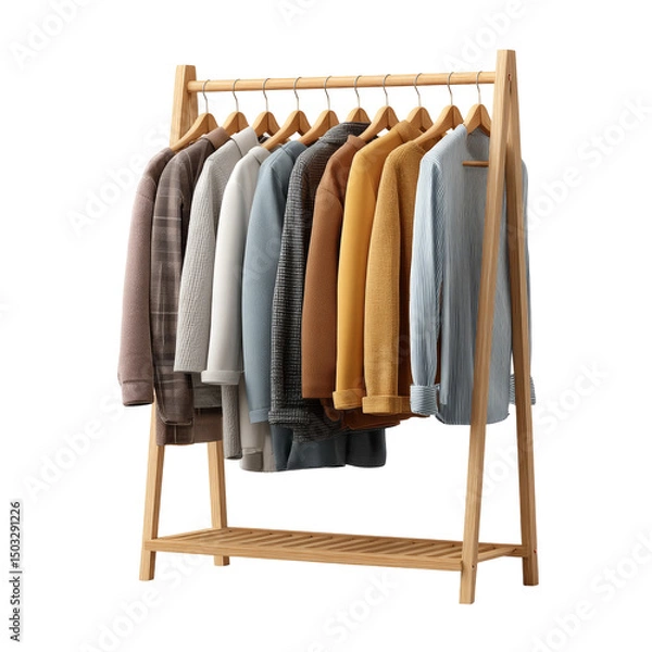 Fototapeta A neat clothes rack displaying various color outfit with the wooden hanger