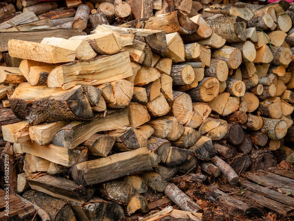 Fototapeta A stack of logs with some grass in between them. The image has a calm and tranquil atmosphere, with the grass providing a natural contrast to the rough texture of the logs. Pile of firewood.