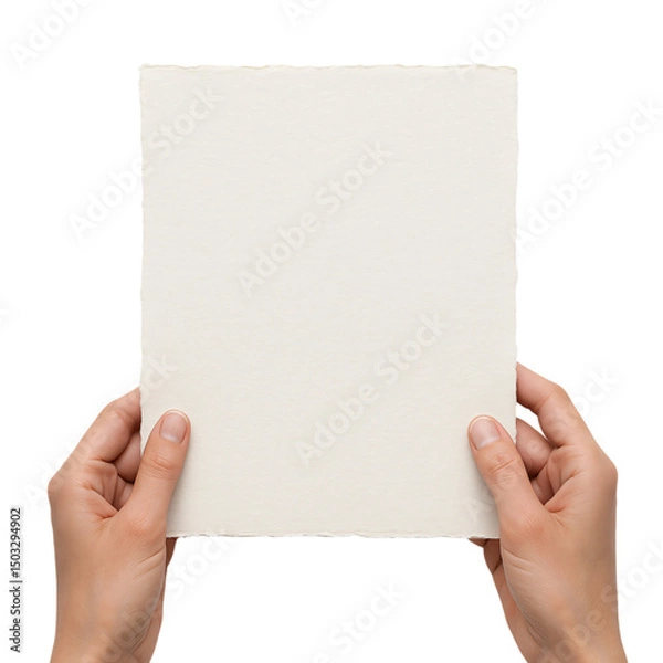 Fototapeta Woman hand holding blank white paper in a high angle view. Empty space for text or image. Template for presentation, invitation card or announcement.