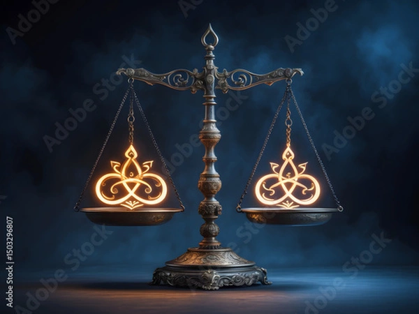 Fototapeta Balance and Harmony: A vintage scale, beautifully crafted, showcases the timeless principles of equilibrium, justice, and fairness with symbolic glowing ornaments. It encapsulates concepts of balance.