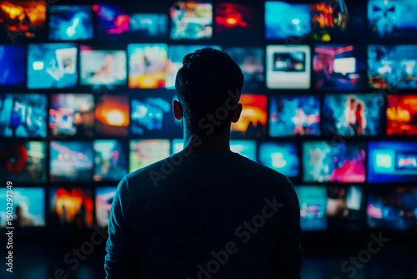 Fototapeta A man confidently stands in front of a futuristic digital screen displaying a variety of media content, including news, videos, and data visualizations.