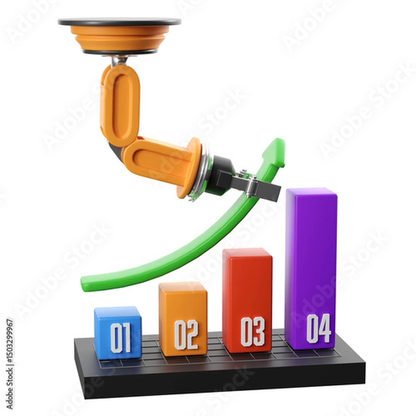 Fototapeta Growth Chart with AI collecting data. 3D illustration.