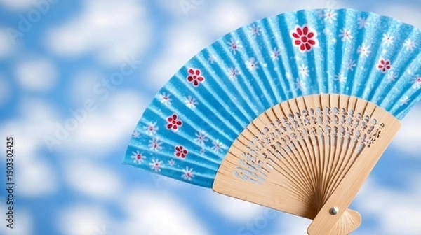 Fototapeta Luxury blue ice fan melting under direct sun, macro visual metaphor of fashion vs. survival in extreme heat