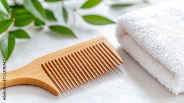 Fototapeta Macro of hand-carved wooden comb on folded organic towel, soft light and earthy textures, rustic self-care minimalism