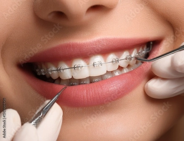 Obraz A close-up of the mouth and teeth with braces on.