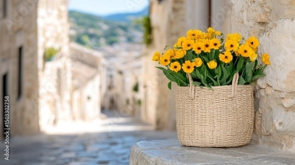 Fototapeta Macro of straw bag with tulips and greens on sunlit stone step, soft spring travel vibe in old European town