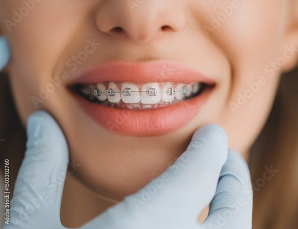 Obraz A close-up of the mouth and teeth with braces on.