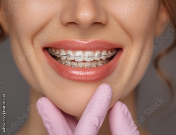 Obraz A close-up of the mouth and teeth with braces on.