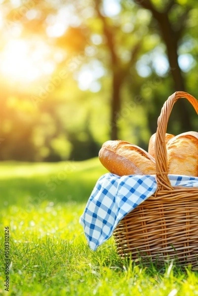 Fototapeta Macro of woven picnic basket with baguette and linen on dry grass, golden light and rustic summer mood